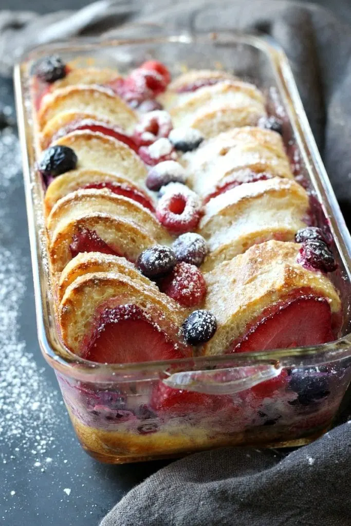 French Toast Berry Casserole in clear baking dish 