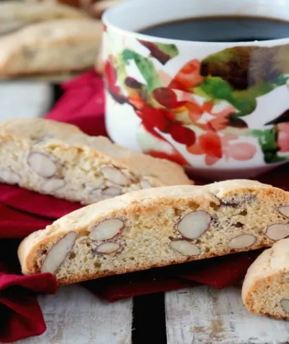 Traditonal Almond Biscotti Recipe on Red Napkin with Christmas Mug