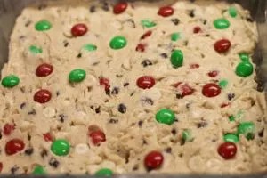 M&M Cookie Bars - Dough in 8x8 Baking Pan.