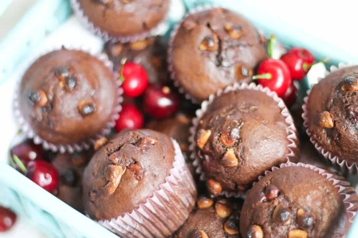 Double Chocolate Cherry Muffins in basket