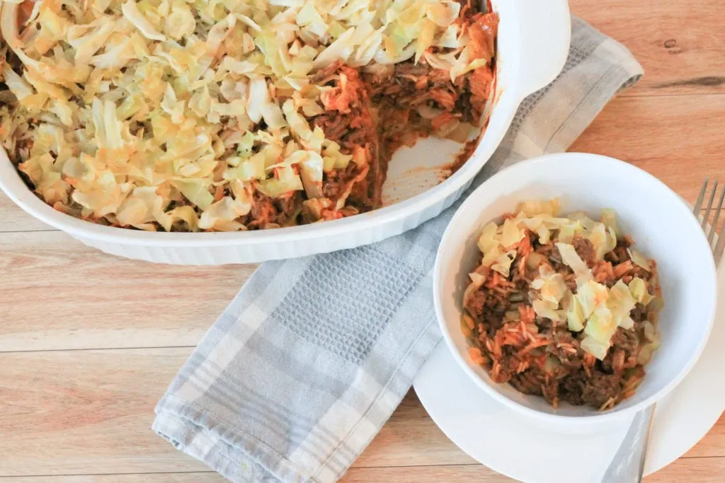 Unstuffed Cabbage Roll casserole in bowl with main casserole