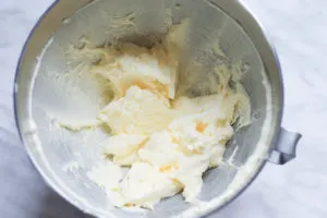 Stand mixer bowl with whipped butter and sugar