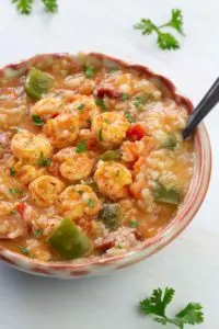 Large bowl of gumbo with fresh seafood