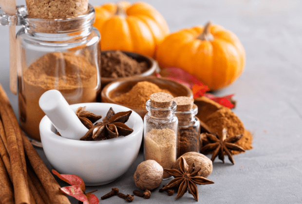 Ingredients to make your own Pumpkin Spice in little jars and white bowl with mini pumpkins behind. 