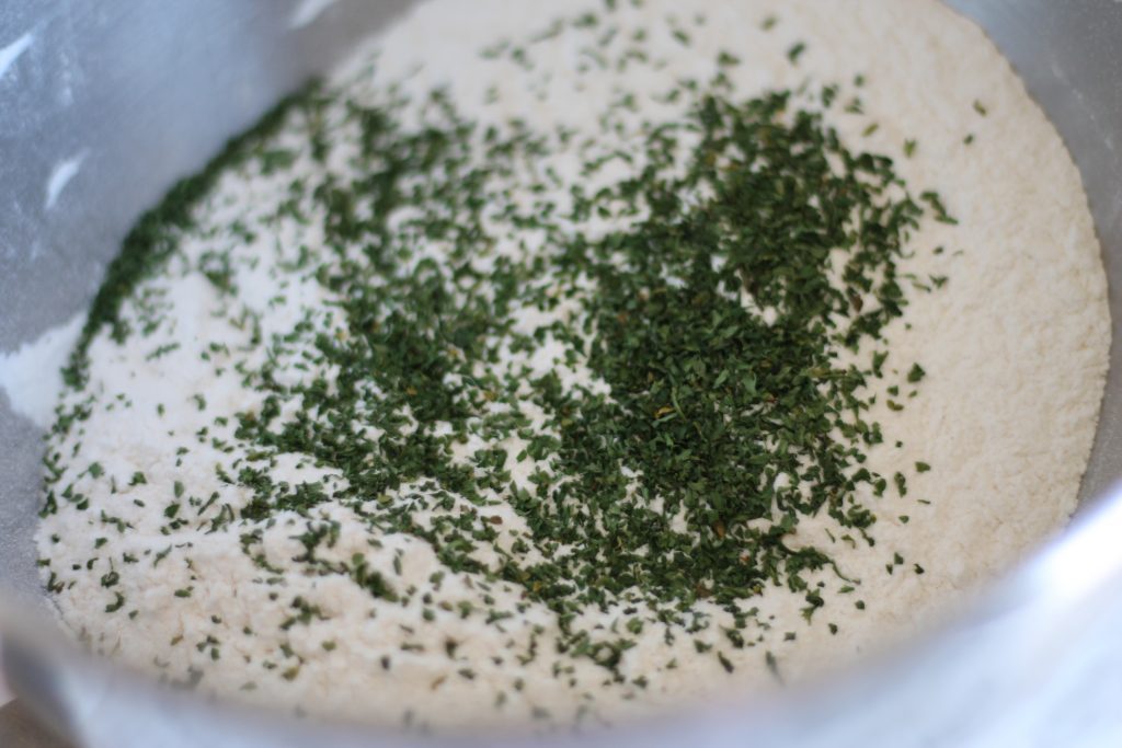 Mixing bowl with dry ingredients for scones.