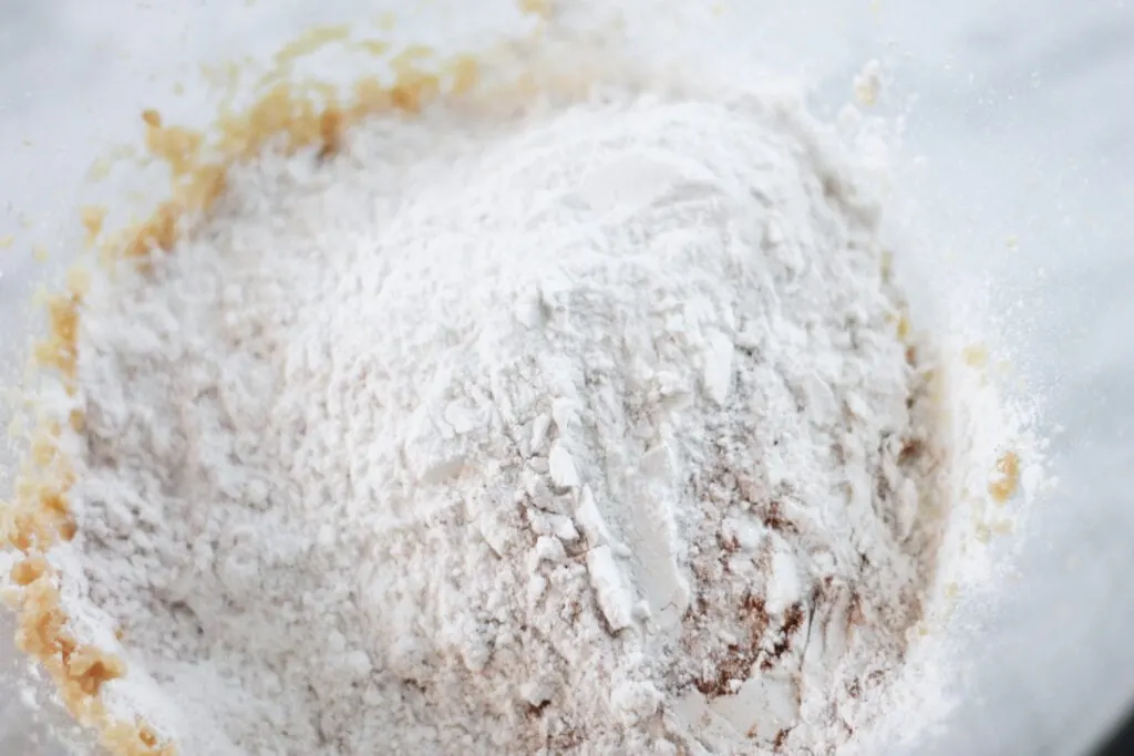 dry ingredients sifted in glass bowl