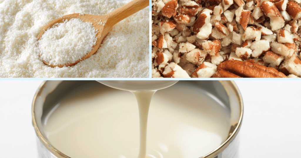 Picture collage of ingredients. Shredded coconut, chopped pecans and condensed milk.